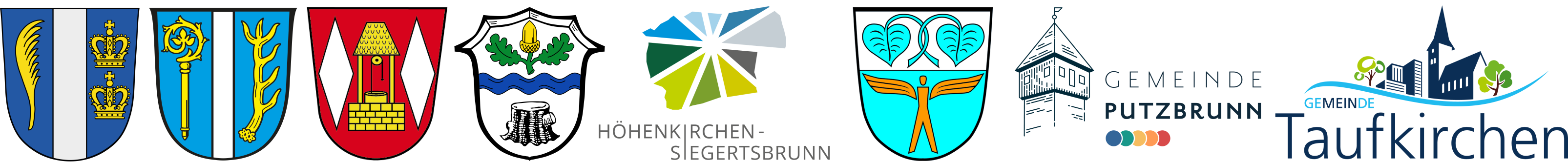 Gemeinde-Logos von links: Aying, Brunnthal, Grasbrunn, Hoehenkirchen-Siegertsbrunn, Hohenbrunn, Neubiberg, Putzbrunn, Taufkirchen